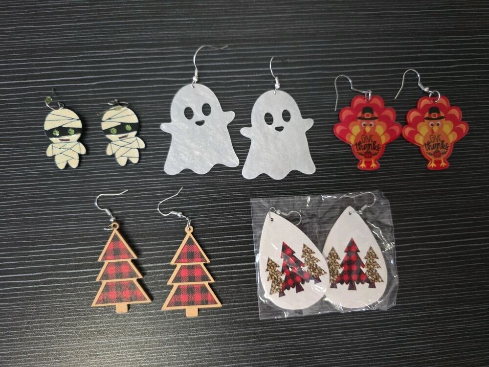 Holiday Earrings Lot 5 Pairs Halloween Thanksgiving Christmas Mummy Ghost Trees